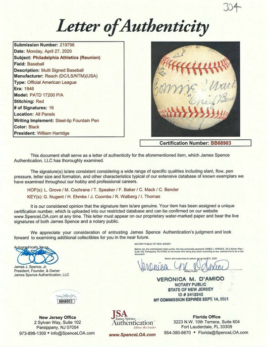 Beautiful Tris Speaker Chief Bender Mickey Cochrane HOF Signed Baseball JSA COA