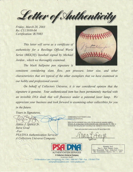 Earliest Known Michael Jordan Pre Rookie Signed 1982 World Series Baseball PSA