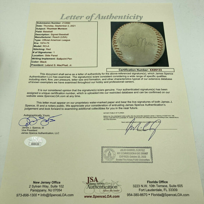 Thurman Munson Single Signed 1974 Official American League Baseball JSA COA RARE