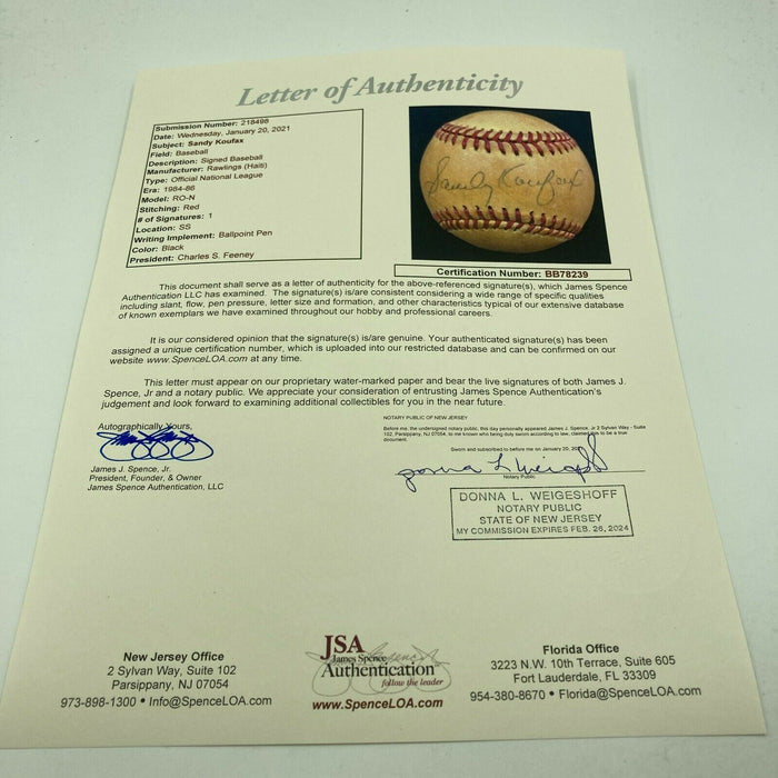 Sandy Koufax Signed Vintage National League Feeney Baseball With JSA COA