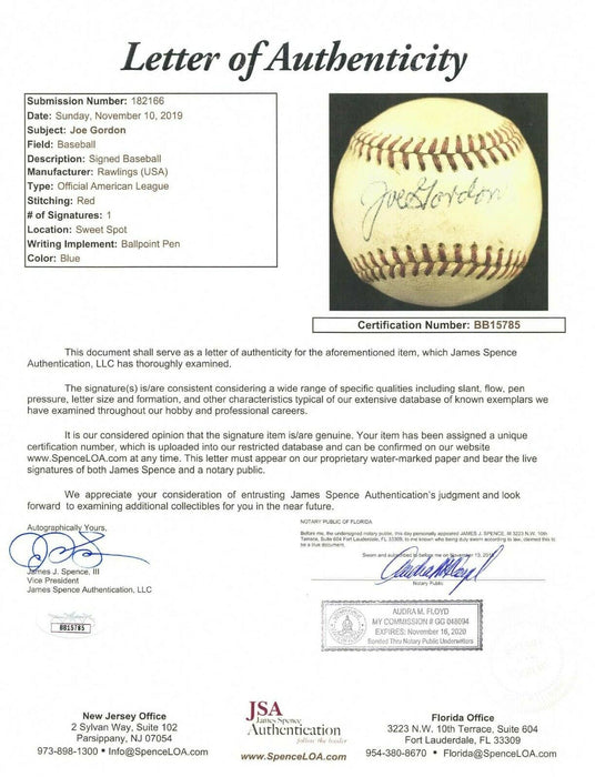 The Finest Joe Gordon Single Signed American League Harridge Baseball PSA DNA