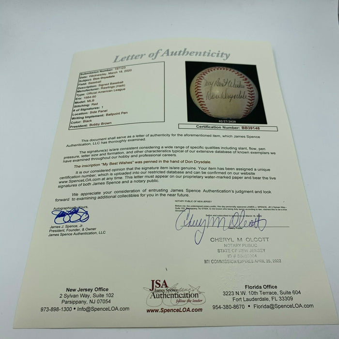 Don Drysdale "My Best Wishes" Signed American League Baseball With JSA COA