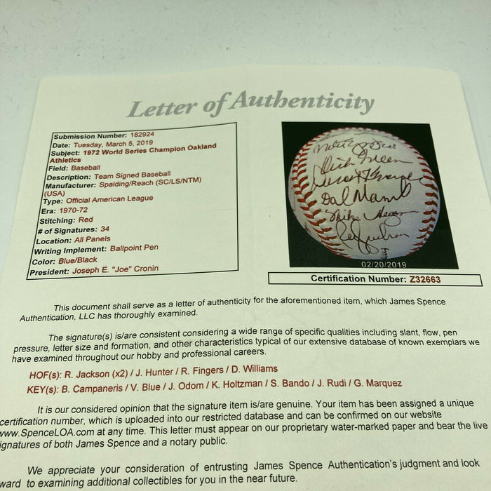 Stunning 1972 Oakland A's Athletics World Series Champs Team Signed Baseball JSA