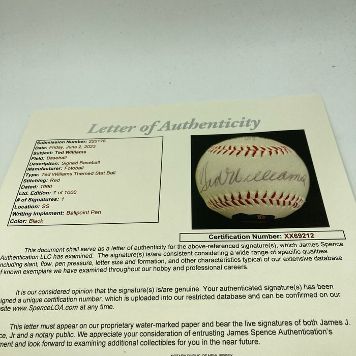 Ted Williams Signed Photo Baseball With JSA COA