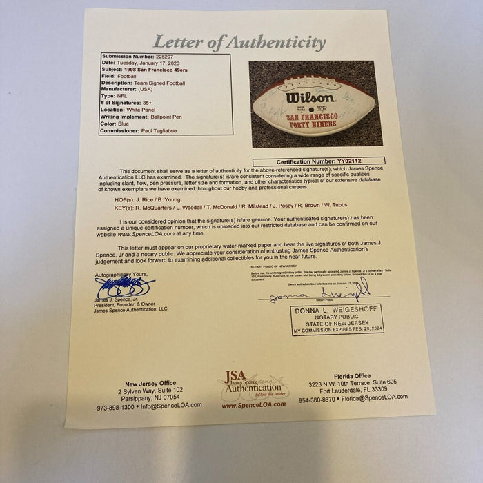 1998 San Francisco 49ers Team Signed Wilson Football JSA COA