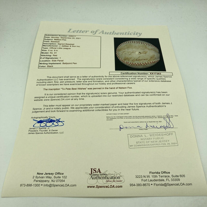 Rare Nellie Fox Single Signed Autographed 1950's Baseball With JSA COA