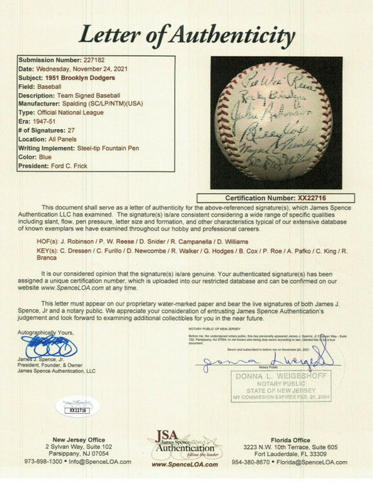 Jackie Robinson & Roy Campanella 1951 Brooklyn Dodgers Team Signed Baseball JSA