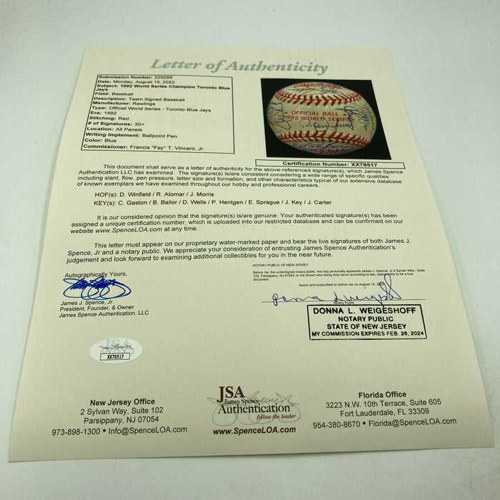 1992 Toronto Blue Jays World Series Champs Team Signed W.S. Baseball JSA COA