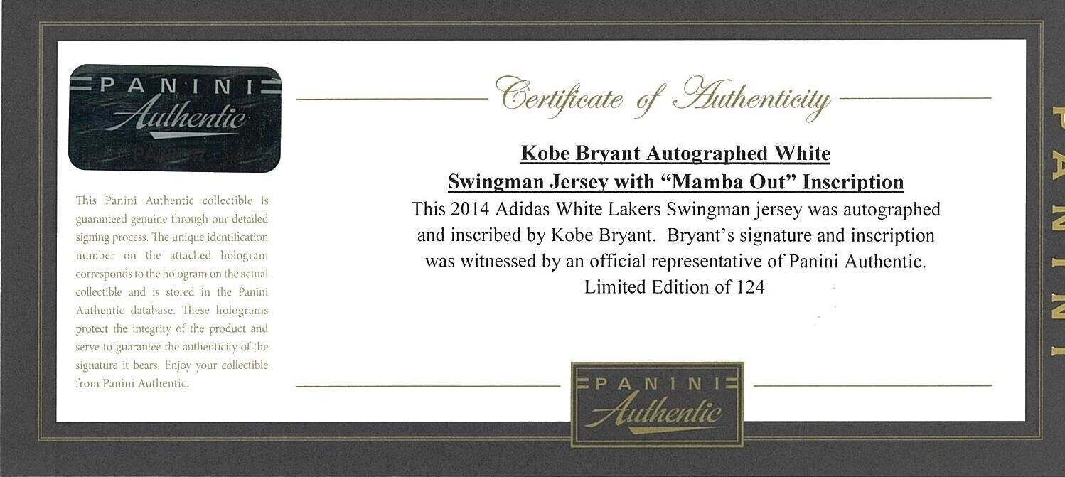 Kobe Bryant "Mamba Out" Signed Authentic Los Angeles Lakers Jersey Panini MINT
