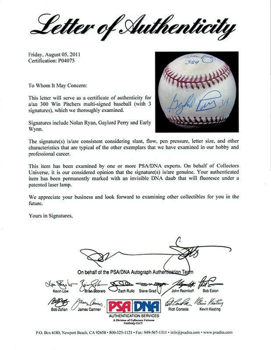 Nolan Ryan Early Wynn & Gaylord Perry 300 Win Club Signed Baseball PSA DNA COA