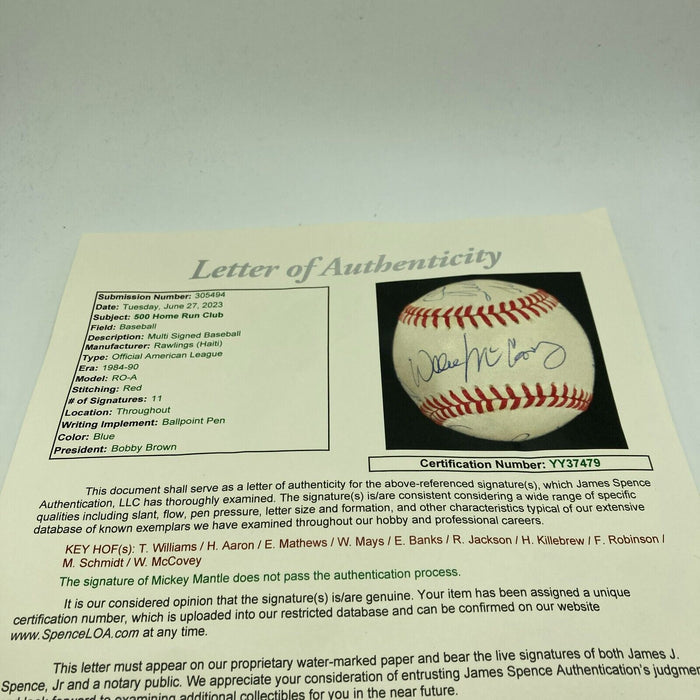 Ted Williams Willie Mays Hank Aaron 500 Home Run Signed Baseball JSA COA