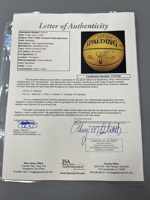 2010-11 Dallas Mavericks NBA Champs Team Signed Basketball JSA COA
