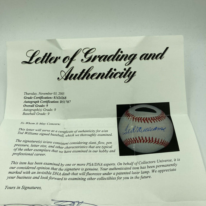 Ted Williams Signed American League Baseball PSA DNA COA Graded MINT 9