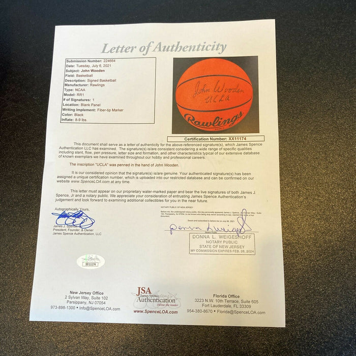John Wooden UCLA Signed Rawlings Official NCAA Basketball With JSA COA