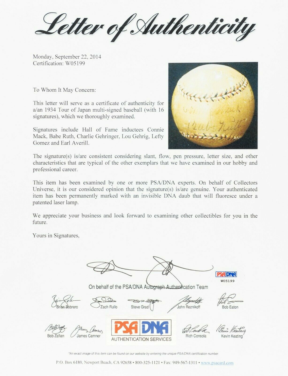 Babe Ruth & Lou Gehrig 1934 Tour of Japan Team Signed Baseball JSA COA