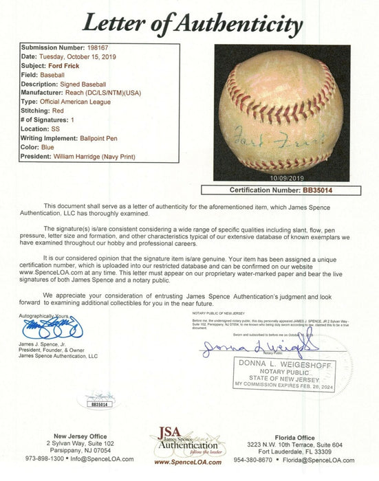 Rare Ford Frick Single Signed Autographed Baseball With JSA COA Hall Of Fame