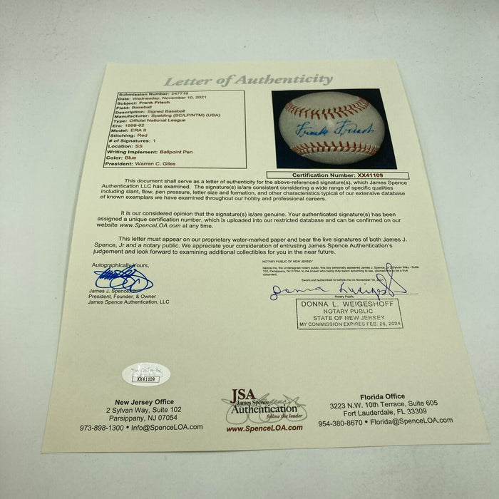 Beautiful Frank Frisch Single Signed Official National League Baseball JSA COA