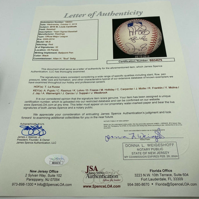 2010 St. Louis Cardinals Team Signed MLB Baseball Albert Pujols JSA COA