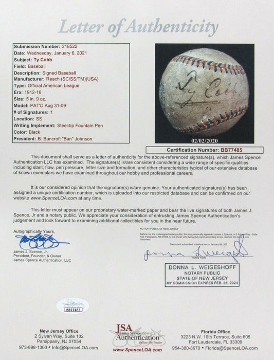 Earliest Known Ty Cobb Single Signed 1912 American League Baseball JSA COA