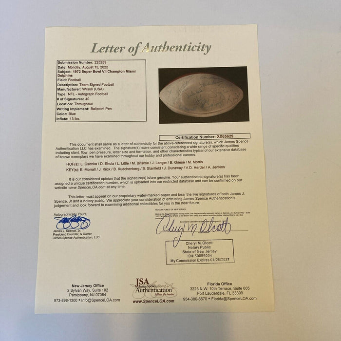 1972 Miami Dolphins Super Bowl Champs Team Signed Wilson Football 40 Sigs JSA