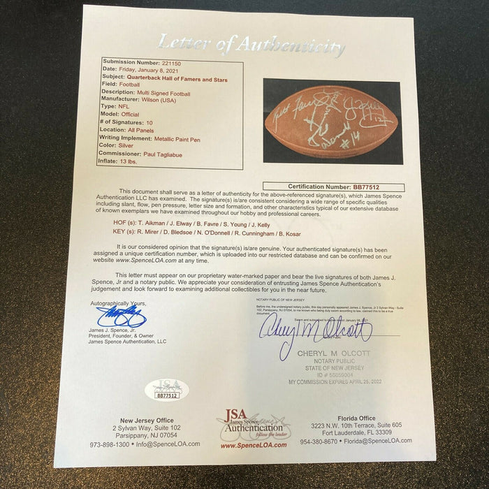 Troy Aikman John Elway Brett Favre Quarterback Legends Signed Football JSA COA