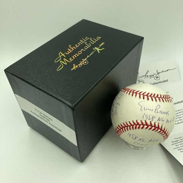 Beautiful Ernie Banks Signed Autographed Heavily Inscribed STAT Baseball RJ COA