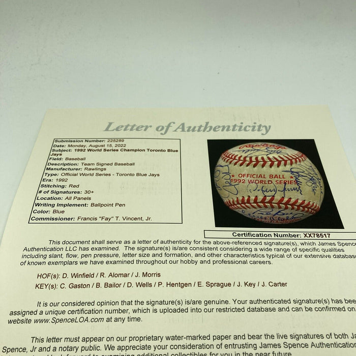 1992 Toronto Blue Jays World Series Champs Team Signed W.S. Baseball JSA COA