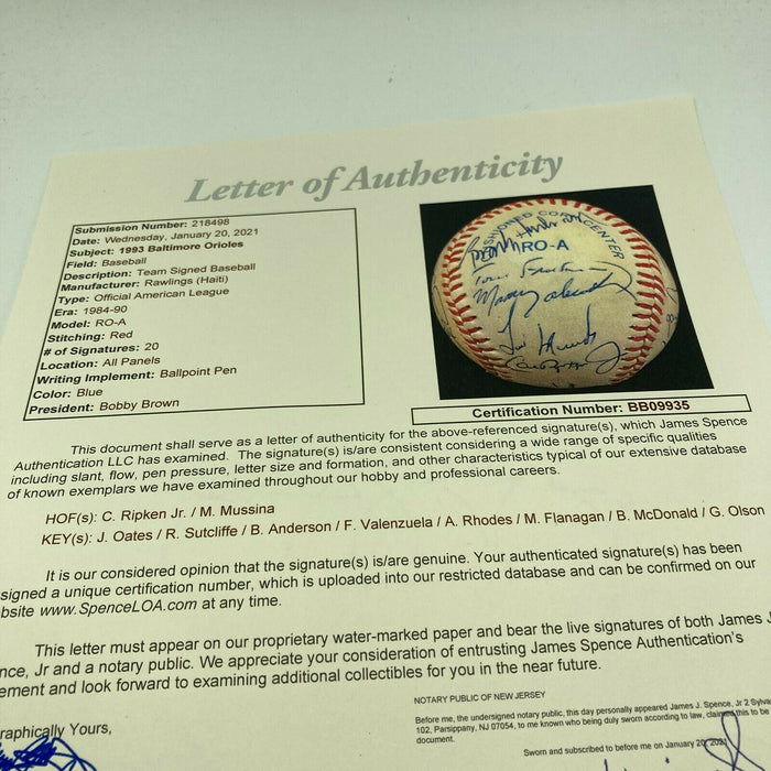 1993 Baltimore Orioles Team Signed Baseball Cal Ripken Jr. Mike Mussina JSA COA