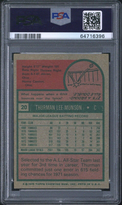 1975 Topps Thurman Munson Signed Baseball Card PSA DNA 1 Of 3 Known