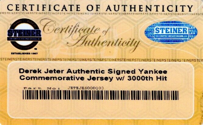 Derek Jeter 3000th Hit 7-9-2011 Signed Inscribed New York Yankees Jersey Steiner