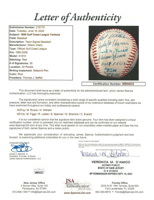 Earliest Known Mariano Rivera 1990 Gulf Coast Yankees Team Signed Baseball JSA