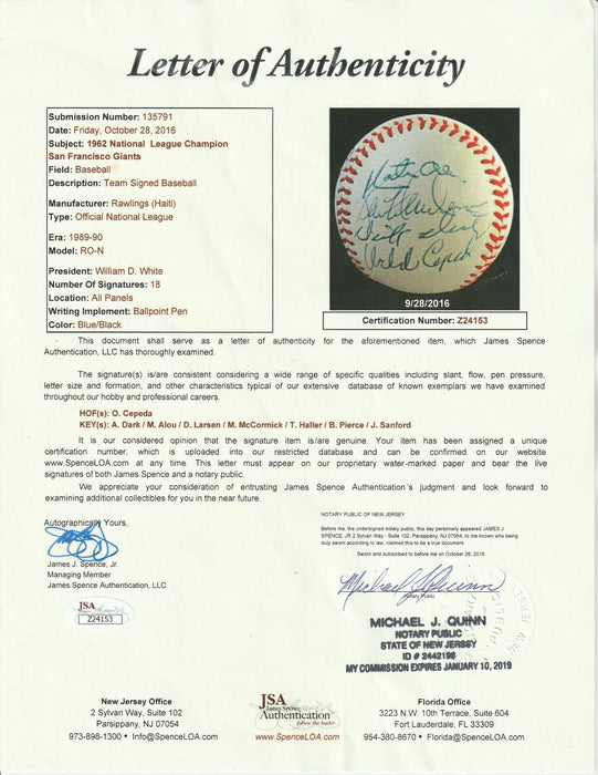 1962 San Francisco Giants National League Champs Team Signed Baseball JSA COA