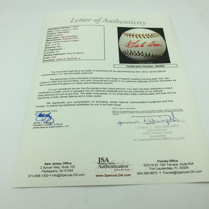 1974 Hank Aaron Playing Days Signed American League Macphail Baseball JSA COA