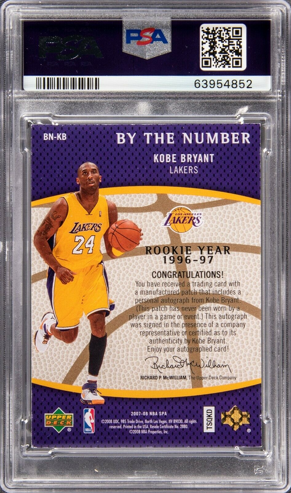 2007-08 Upper Deck SP Authentic Kobe Bryant Auto Number Patch #1/10 PSA