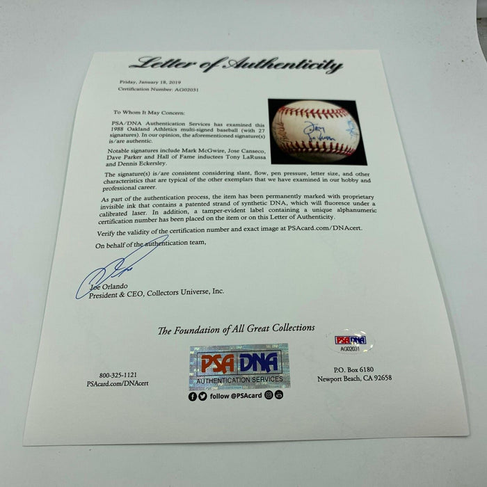 1988 Oakland A's Athletics AL Champs Team Signed World Series Baseball PSA DNA