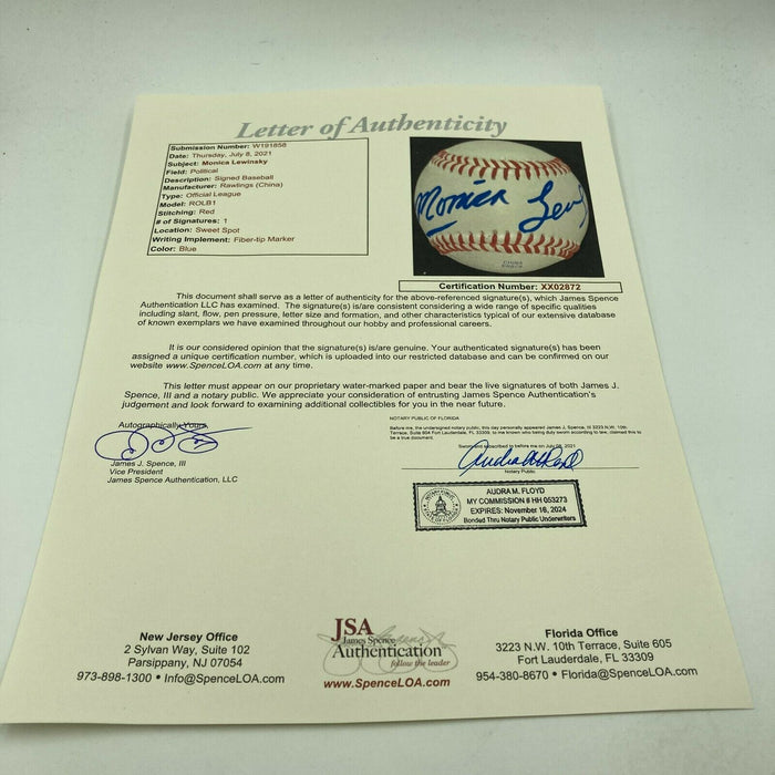 Monica Lewinsky Single Signed Baseball President Bill Clinton Intern JSA COA