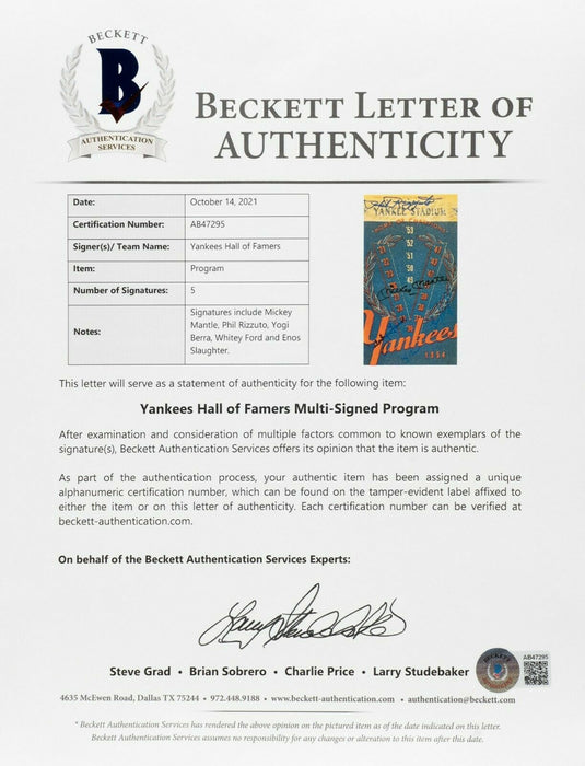 Mickey Mantle Yogi Berra 1954 New York Yankees Team Signed Program Beckett COA