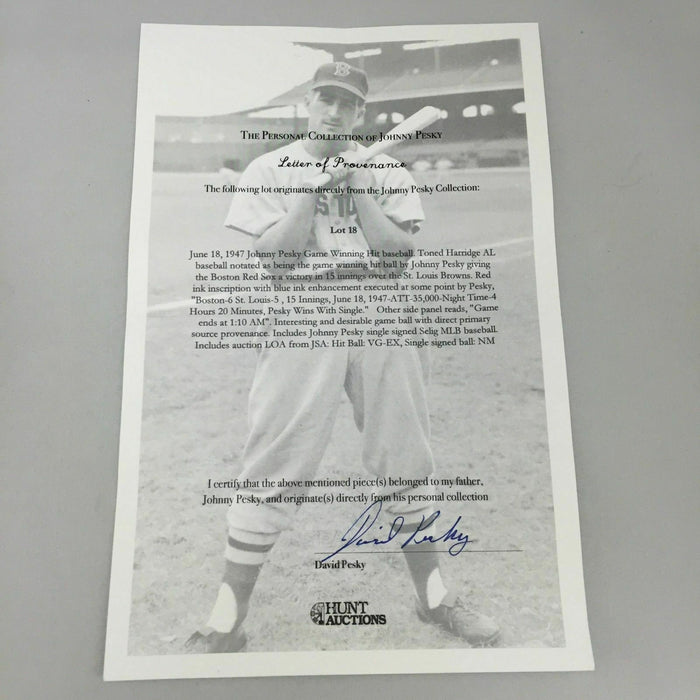 Incredible Johnny Pesky Game Winning Hit Game Used Baseball From June 18, 1947
