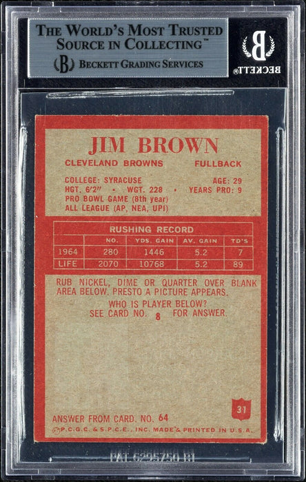 Jim Brown Signed 1965 Philadelphia #31 Football Card BGS Beckett