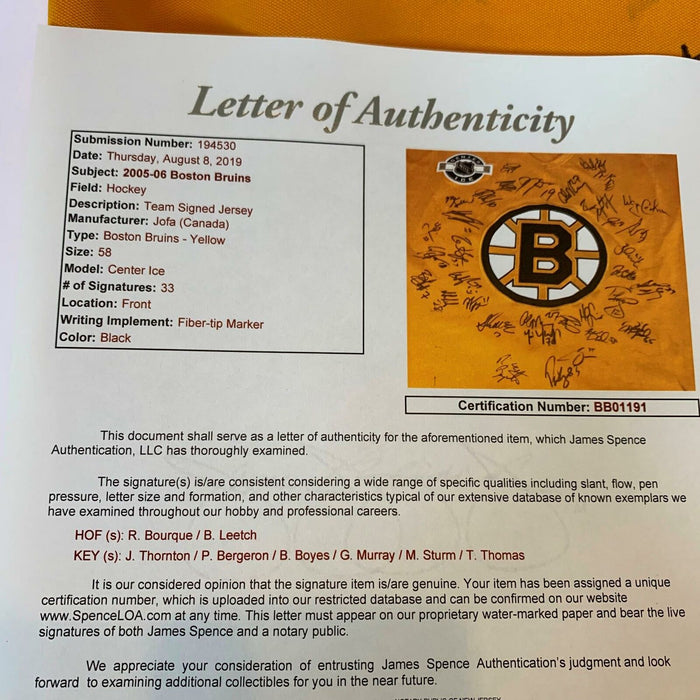 Rare 2005-06 Boston Bruins Team Signed Authentic Jersey 33 Sigs With JSA COA