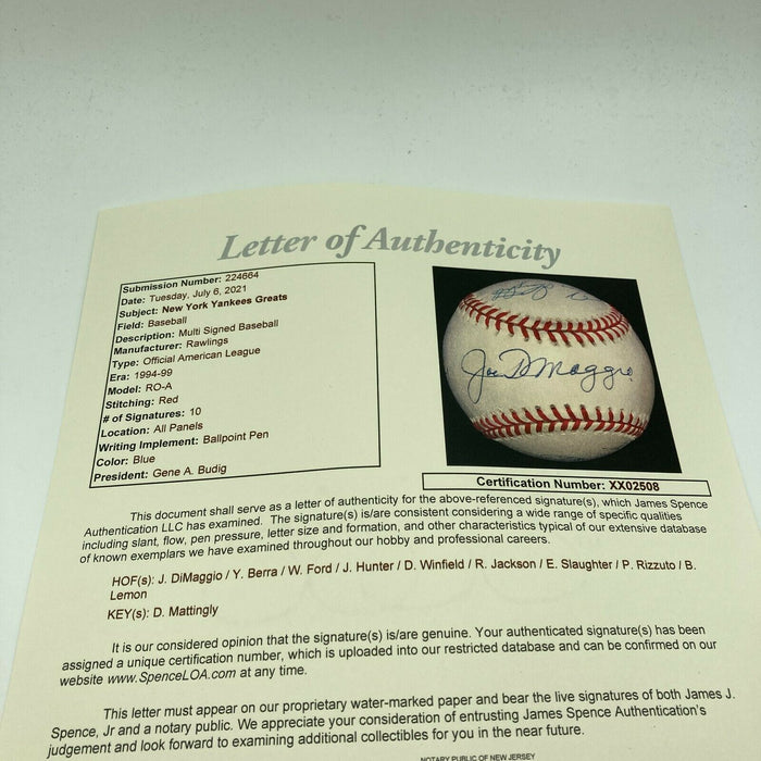 Mint Joe Dimaggio Yogi Berra Don Mattingly Yankees Legends Signed Baseball JSA