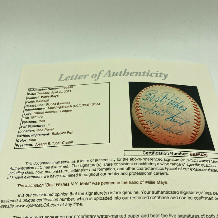 Stunning Willie Mays Playing Days Signed 1972 American League Baseball JSA COA