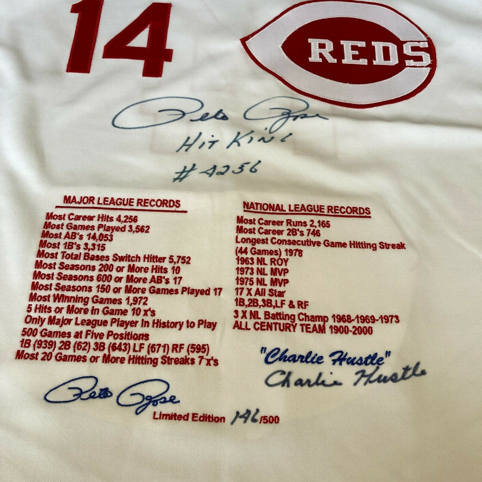 Pete Rose Hit King #4256 Signed Inscribed Cincinnati Reds STAT