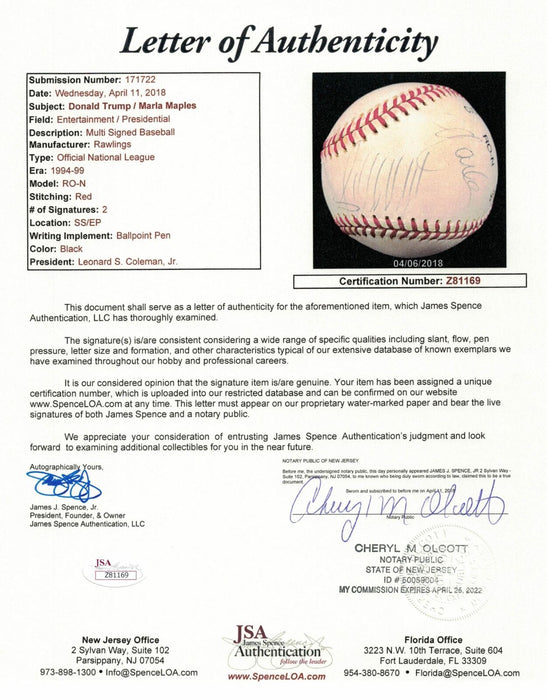 President Donald Trump & Second Wife Marla Maples Signed Baseball With JSA COA