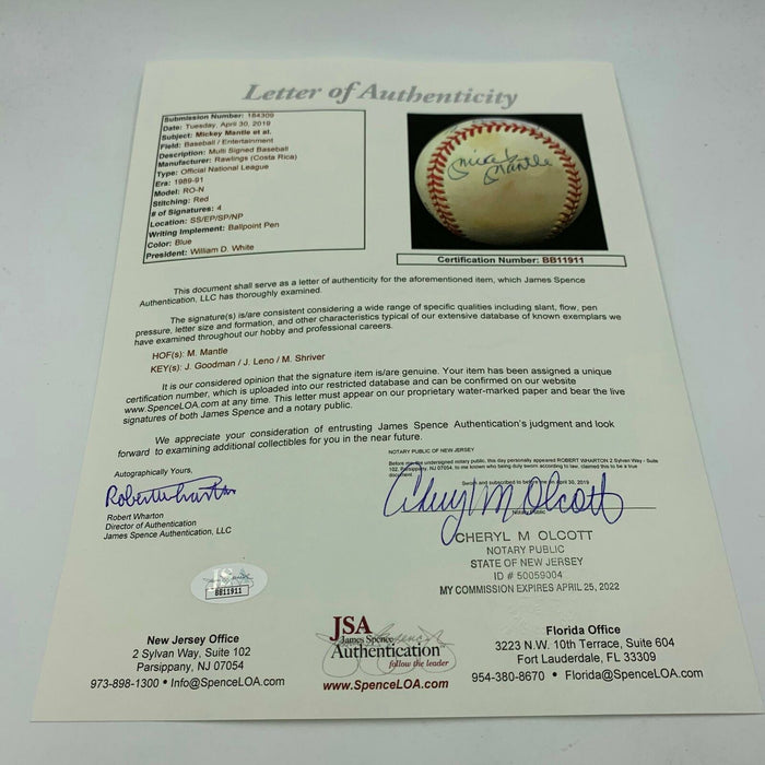 Rare Mickey Mantle Jay Leno Maria Shriver Tonight Show Signed Baseball JSA COA