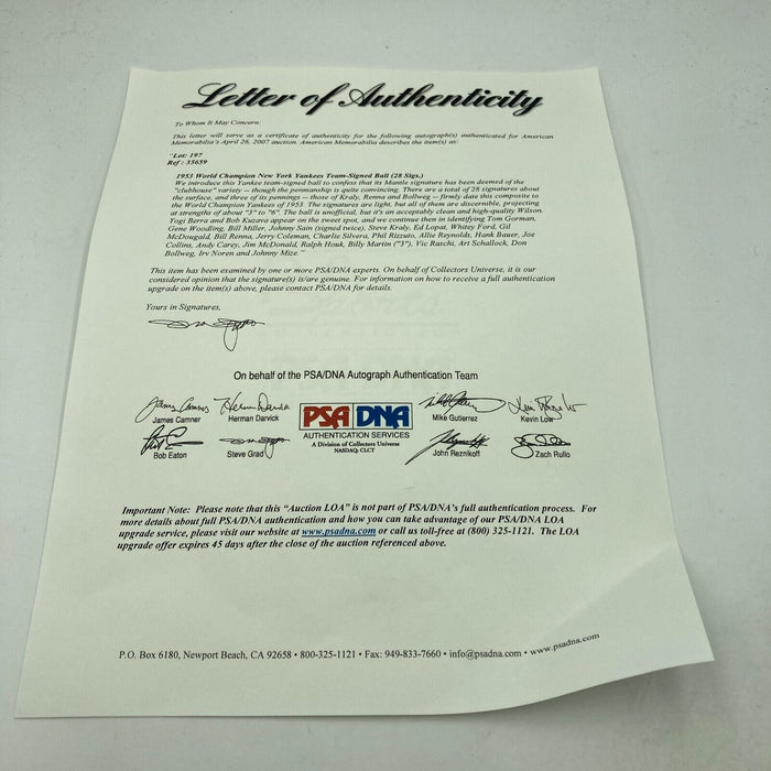 1953 New York Yankees World Series Champs Team Signed Baseball PSA DNA COA