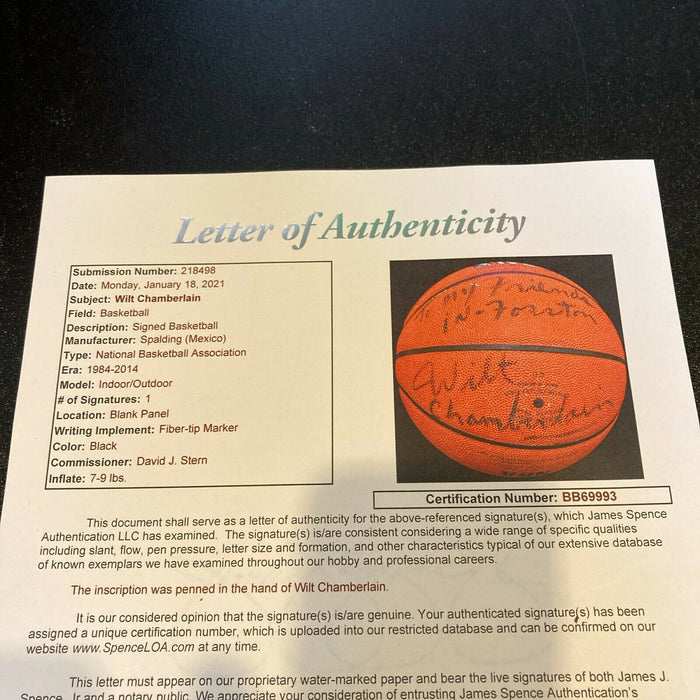 Wilt Chamberlain "To My Friends In Boston" Signed Spalding NBA Basketball JSA