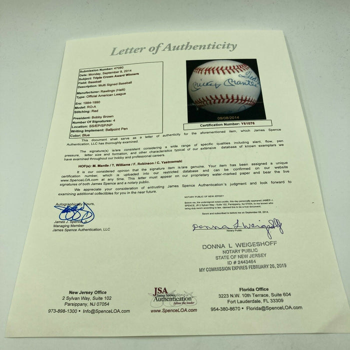 Mickey Mantle Ted Williams Carl Yastrzemski Triple Crown Signed Baseball JSA COA