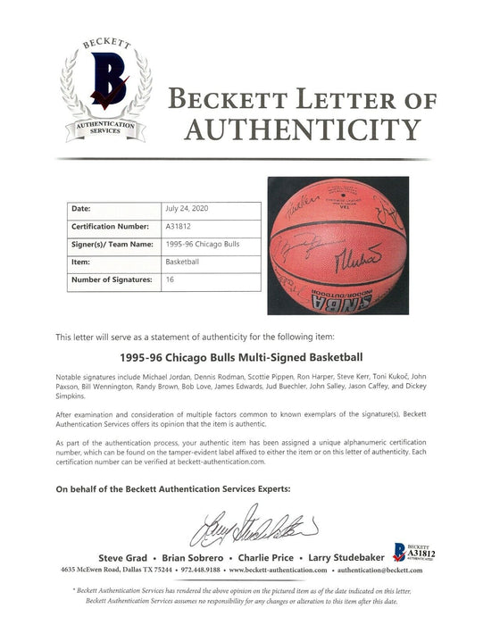Michael Jordan 1995-96 Chicago Bulls NBA Champs Team Signed Basketball Beckett