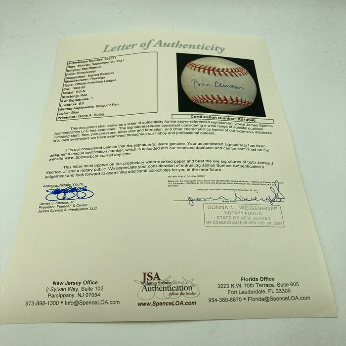President Bill Clinton Signed 1990's American League Baseball With JSA COA